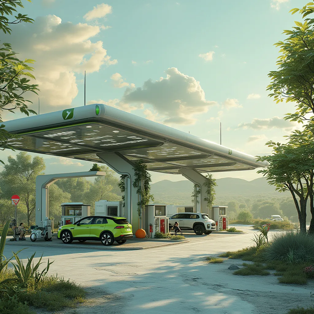 Visión futurista de una estación de servicio ecológica